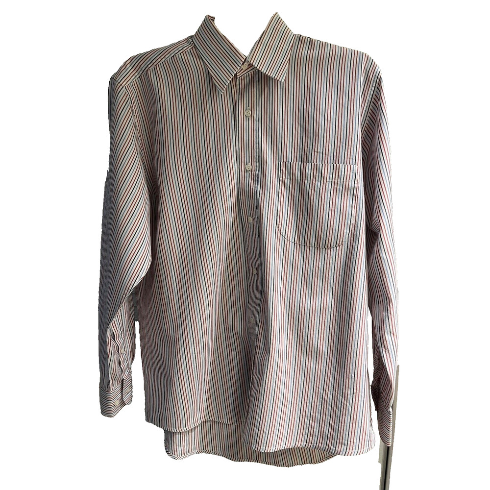 AKKAR Men's Dress Shirt Size 2 Pinstripe White/Blues/Reds A+